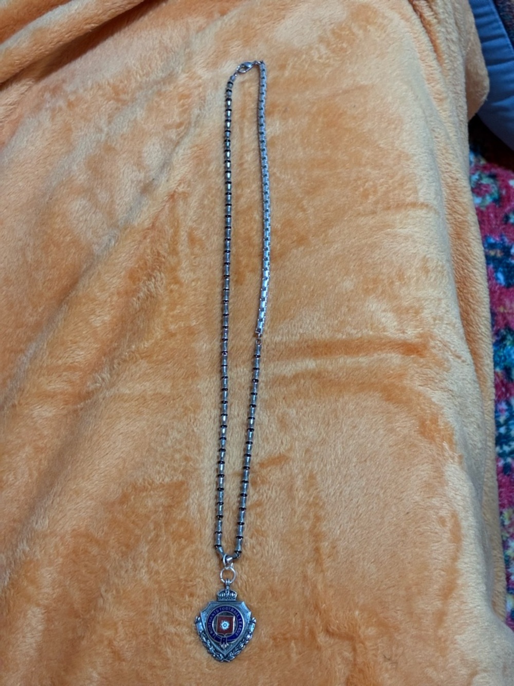 ANTIQUE  26" silver toned chain silver pendant w/Blu, Red & White inlaid Enamel